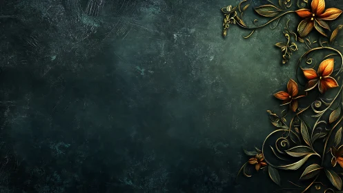 Ornamental Floral Composition Against Weathered Teal Background.