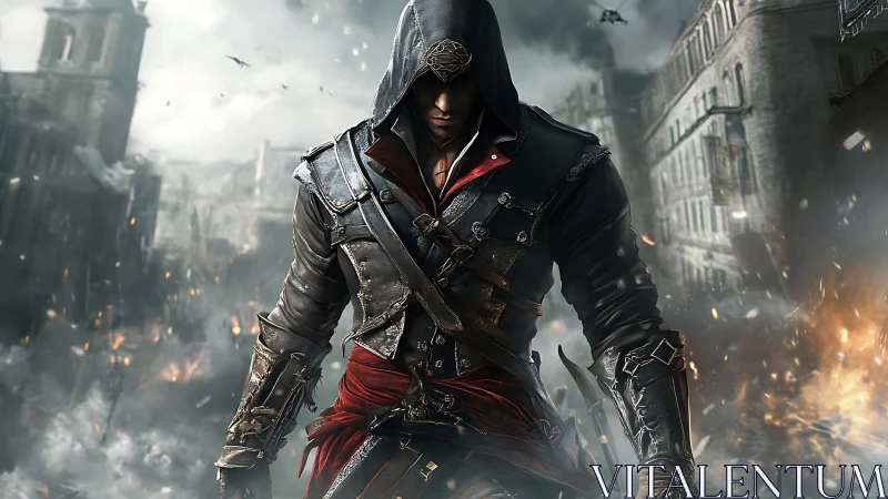 Hooded rogue in leather armor amid war-torn European cityscape