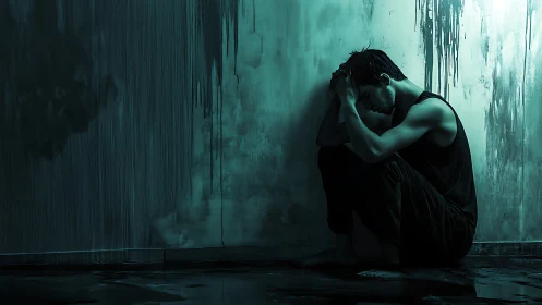 Male figure sits against stained wall in low teal light