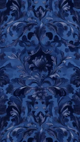 Rich indigo damask pattern with ornate floral scrolls.
