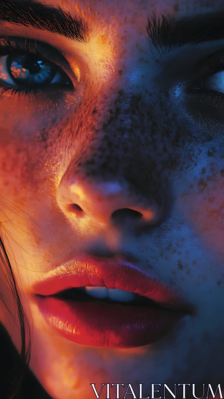 Freckled face glows in dramatic blue and orange neon light