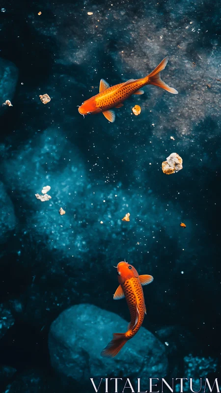 Vertical koi composition in deep blue aquatic field study.