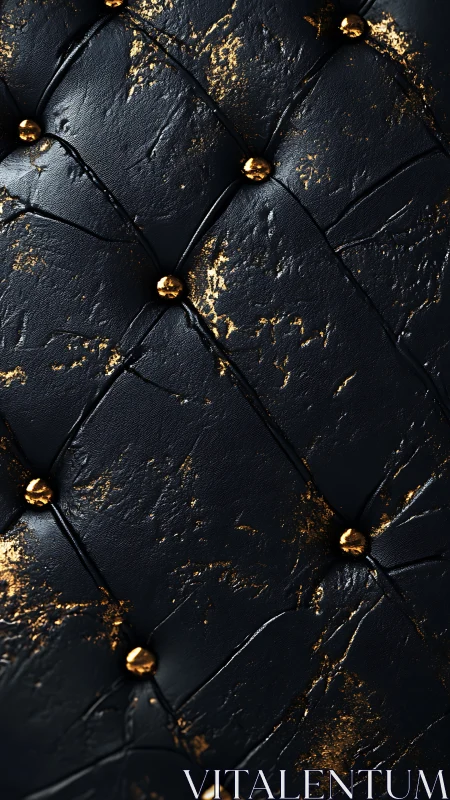 Macro view of black tufted leather with distressed gold accents