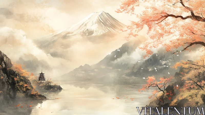 Mist-kissed mountain lake cradling a quiet autumn pagoda.