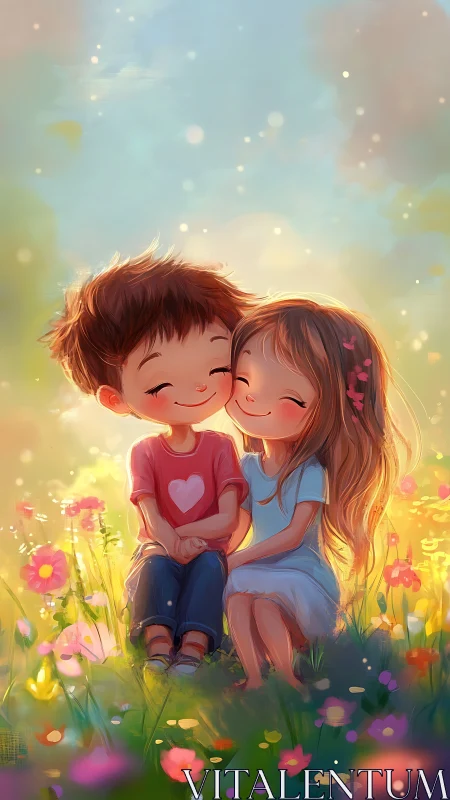 Two Children Embracing in Flower Meadow.