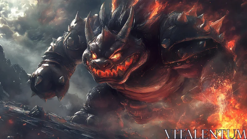 Armored lava-beast charges through volcanic battlefield in motion
