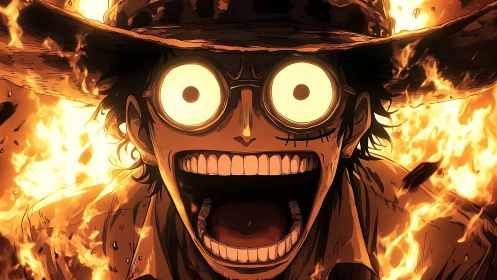 Intense anime close-up shows screaming figure engulfed in flames