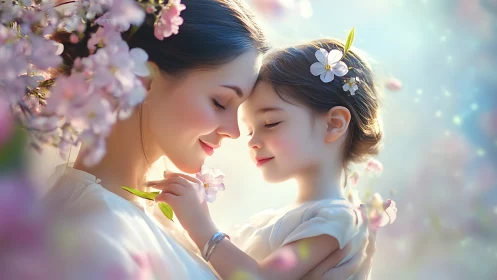 Mother and child press foreheads amid soft pink blossoms