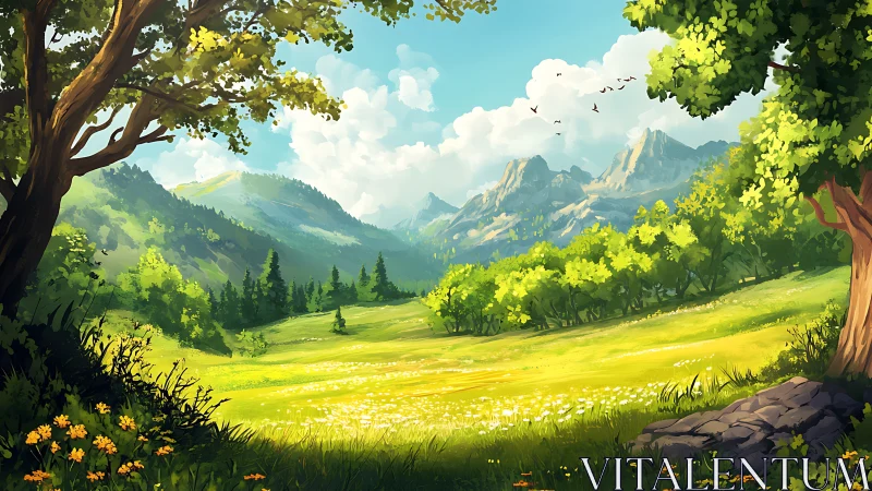 Mountain valley meadow under clear daylight conditions.