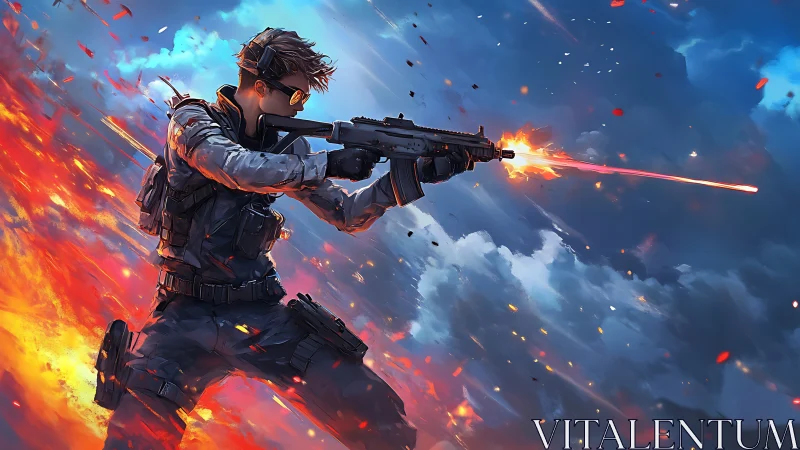 Dynamic skybound soldier charges forward in blazing action