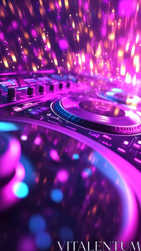 Vibrant DJ controller under neon bokeh light trails in motion