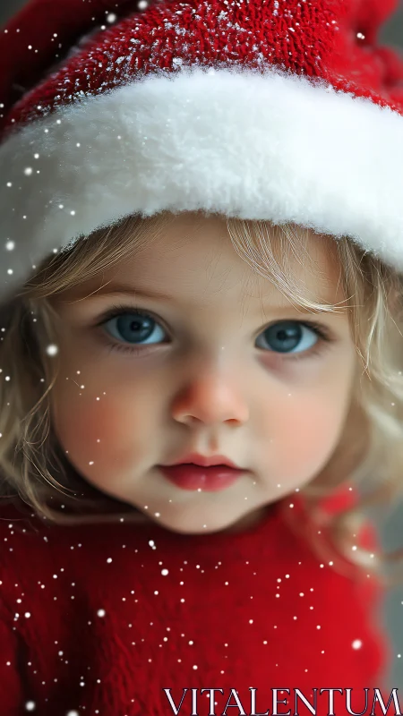 Softly falling snow frames a child in cozy Christmas red