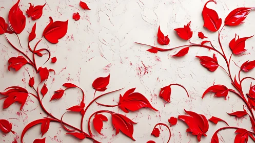 Red sculpted floral vines on textured ivory plaster wall.