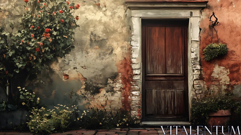 Weathered garden doorway wrapped in rust and climbing blooms.