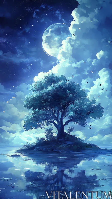 Moonlit island tree rests beneath dreamy glowing clouds