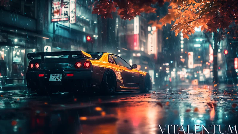 Wide-angle neon-lit street scene renders tuned coupe in rain