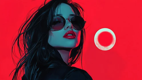 Neon noir portrait with red sun and sunglasses glare.