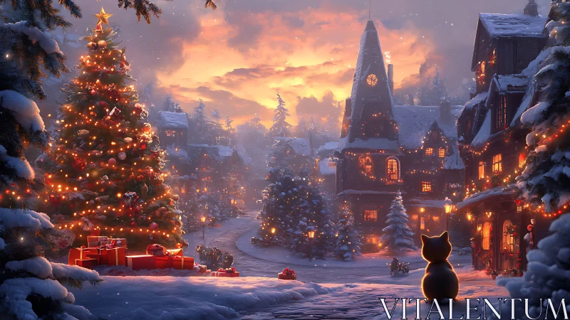 Snowy village Christmas square with glowing tree and cat.