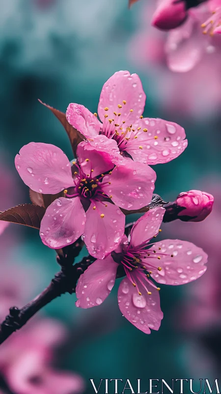 Pink Cherry Blossoms Sparkle with Morning Dew Drops