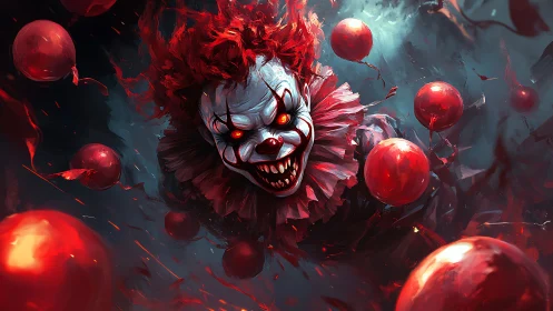 Demonic clown lunges through storm of blood red balloons.