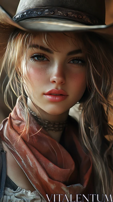 Digital close-up portrait of young woman in cowboy hat.