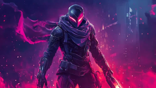 Armored cybernetic rogue strides through neon plasma haze at night