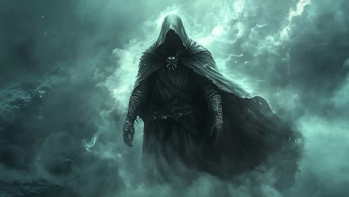 Mysterious hooded wanderer strides through swirling ghostly mist