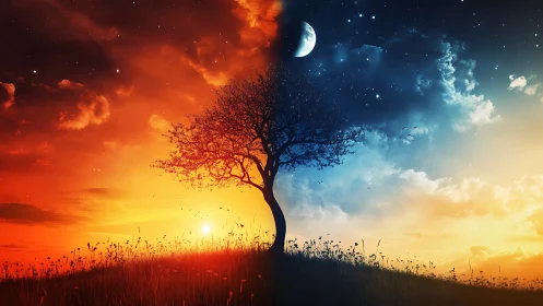 Lone horizon tree dividing blazing sunset and starry night.