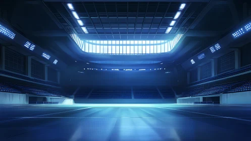 Silent futuristic stadium interior glows in cool blue light
