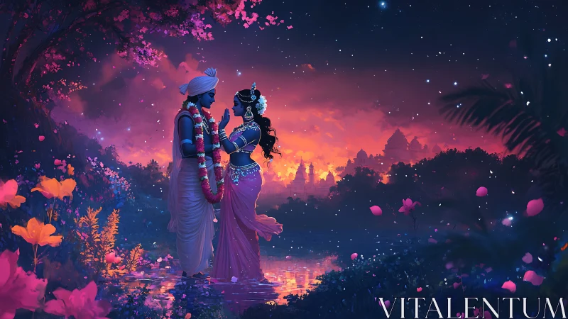 Krishna and Radha in Magical Garden at Sunset.