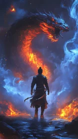 Solitary warrior confronting colossal fiery serpent.