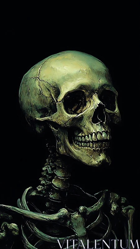 Luminous skeletal portrait glows against abyssal darkness.