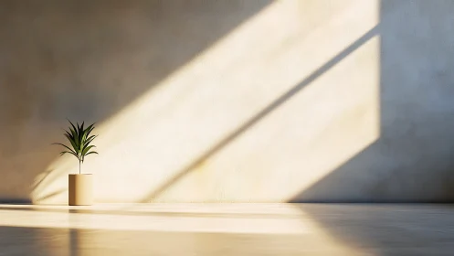 Minimalist plant study in directional sunlight on plaster wall.