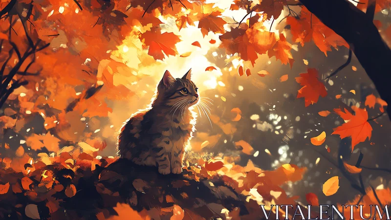 Tabby Cat Silhouetted Against Autumn Foliage Backlight.