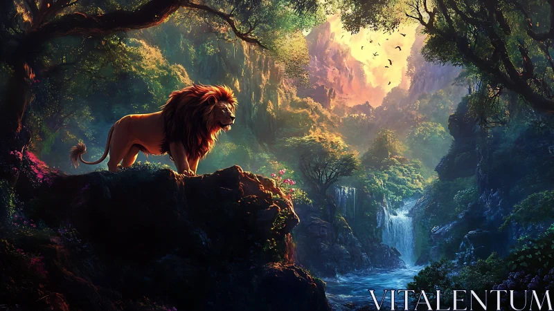 Lion stands on rocky ledge overlooking lush waterfall valley