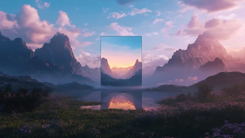 Portal mirror catching a sunrise between dreaming mountains.