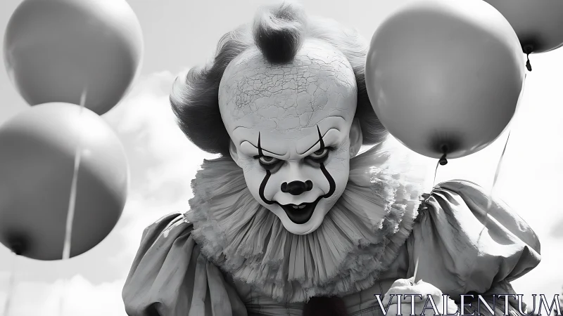 Grinning nightmare clown stalks between drifting balloons. Period.