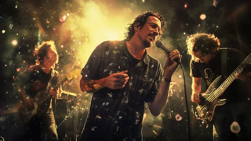 Rock band performs on stage under dense backlit haze