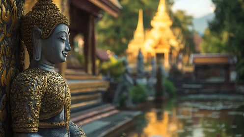 Golden Buddha statue overlooks tranquil temple pond at dusk.