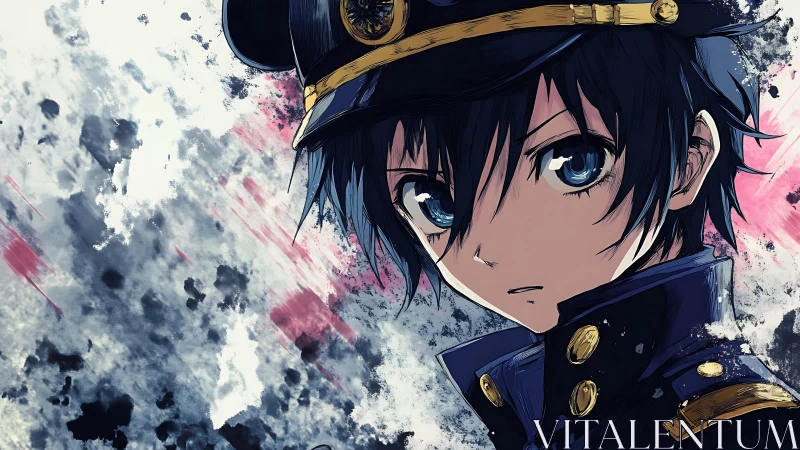 Serious blue eyed anime cadet against abstract splatter.
