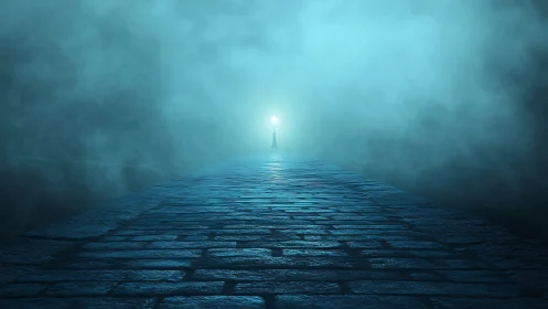 Mystic blue stone path leading toward lone distant light.