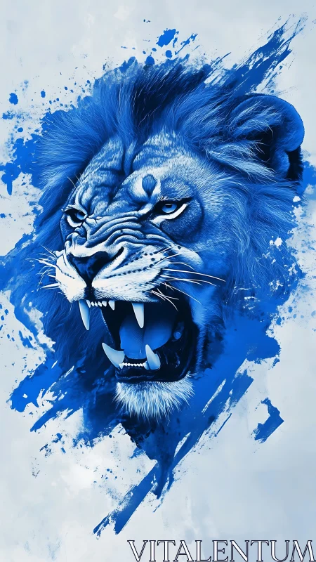 Blue roaring lion portrait in bold digital splatter style.