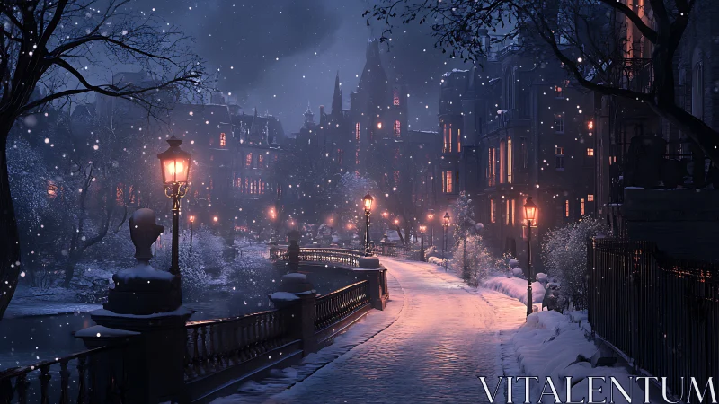 Snow-covered riverside street with illuminated lampposts at night.