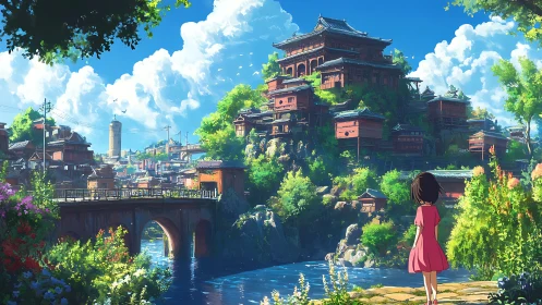 Anime hillside cityscape with river bridge and lone girl.