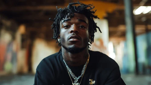 Portrait of young man in warehouse interior environment.