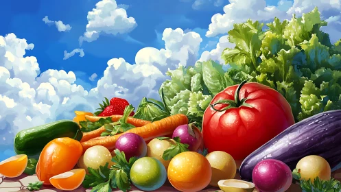 Digital painting still life of garden vegetables under open sky.