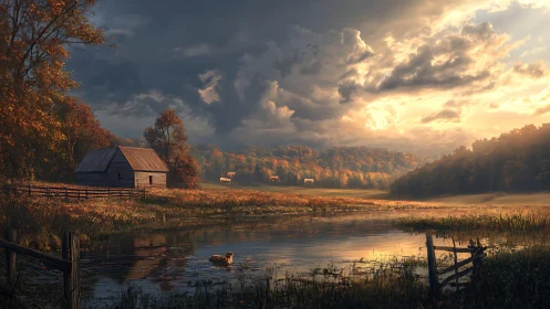 Golden autumn farm pond glowing under dramatic skies.
