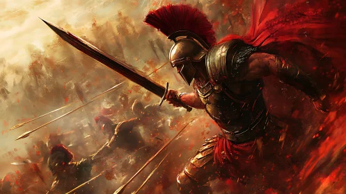 Fierce armored warrior charges with sword into burning battle