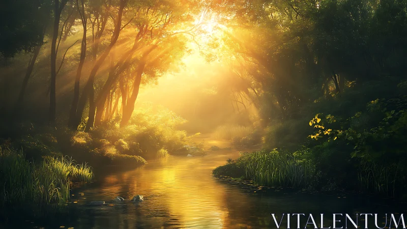 Golden morning light gently fills a peaceful forest river