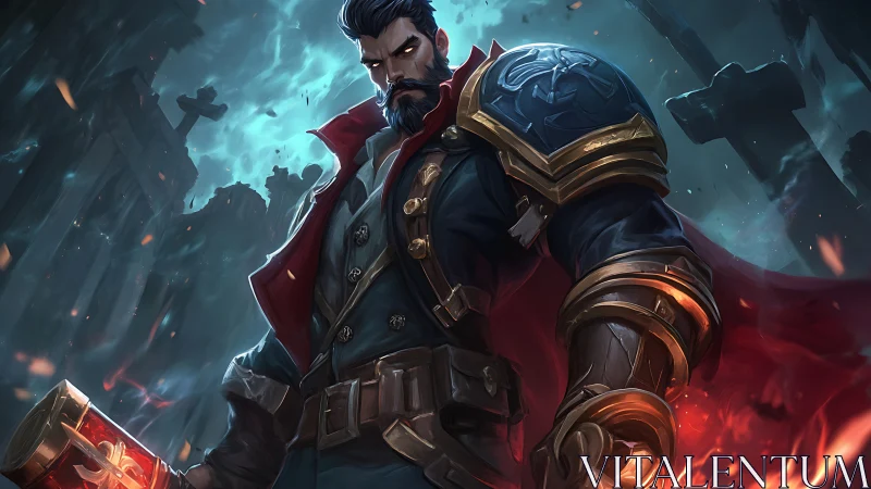 Armored male figure stands in storm-lit ruined environment